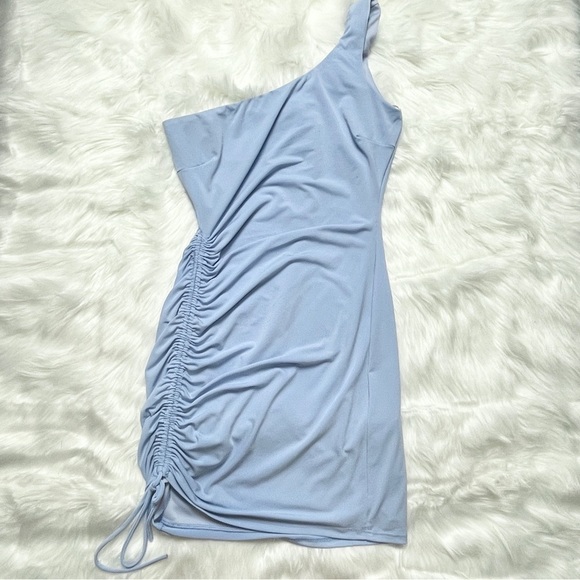 New Windsor Baby Blue Drawn To You One Shoulder Drawstring Mini Dress Size M - Picture 3 of 9